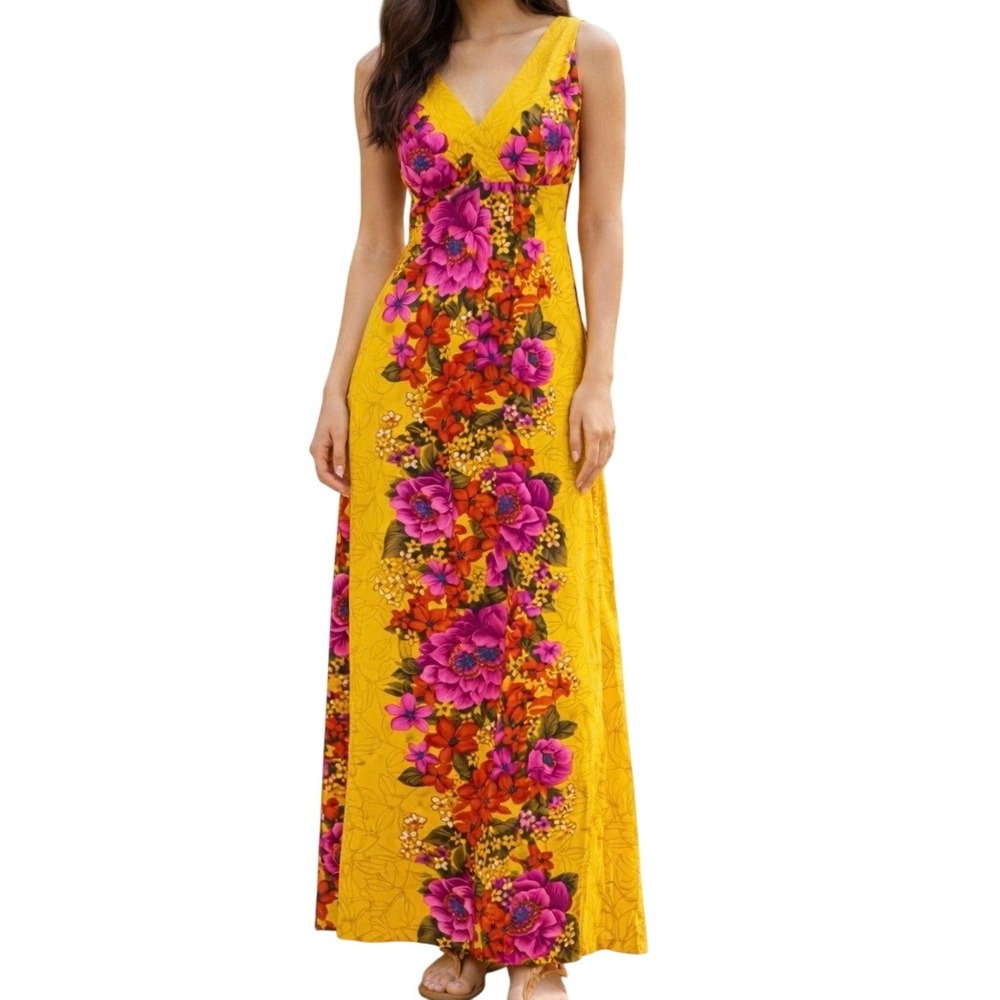 Vintage 70's Hawaiian Togs Maxi Dress Yellow Pink Floral Boho Tropical Resort XS